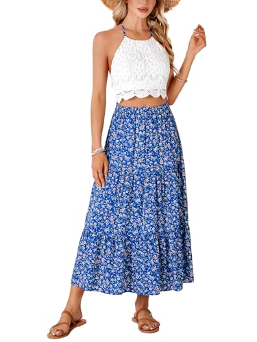 Vrtige Women's 2 Piece Outfits Summer Lace Halter Cami Crop Top with Floral Long Maxi Skirt Set4