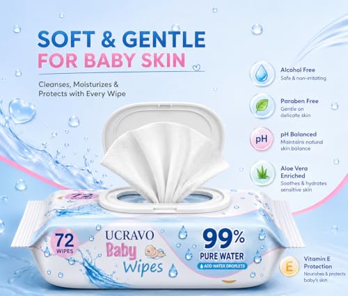 Image of UCRAVO Pack of 6 Soft Baby Wipes Water Based Formula 432 Pulls Pure Water Wet Tissue for Sensitive Skin Care Alcohol Free Paraben Free Moisturizing Cleansing Wipes with Fresh Lock Lid (72 Each Set)