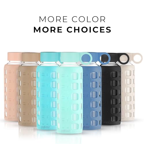 purifyou 40/32/22/12 oz Glass Water Bottles, Reusable with Time & Volume Markings, Non-Slip Silicone Sleeve, Stainless Steel Lid, for Water, Milk & Juice (12oz FrostedMist)