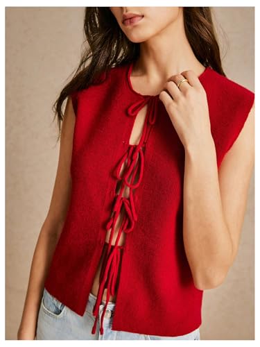 MakeMeChic Women's Tie Front Crew Neck Sweater Vest Sleeveless Plain Slim Fit Knit Tops4