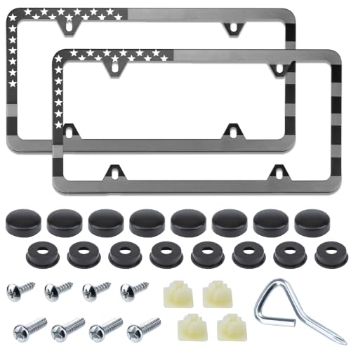 2 Pack American Flag License Plate Frame Holder Universal Matte Stripe US Flag Patriotic Stainless Steel Car Plate Frame Covers with Screws Fasteners Caps and Tool