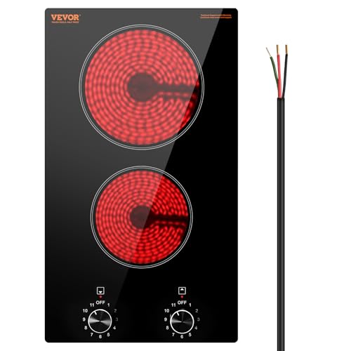 Image of VEVOR Electric Ceramic Cooktop, Built-in Electric Stove Top,12inch-2burners 220V, with Glass Panel, Knob Control, 11 Heat Levels, for Diverse Cooking Requirements