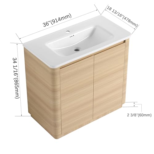 Image of 36 inch Bathroom Vanity with Ceramic Sink, Freestanding Bathroom Vanity with 2-Soft-Close Door, Soft-Closing Hinges & Hidden Handles for Home, Farmhouse, Easy to Clean Design, White Oak