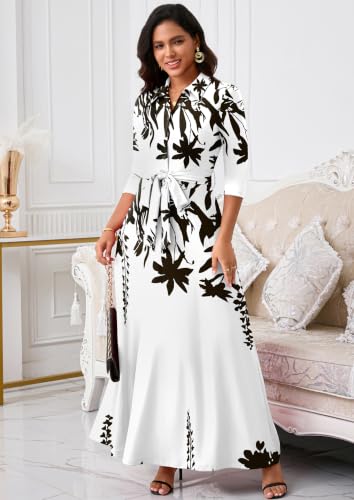 Image of Rumwind Maxi Dresses for Women, 3 /4 Sleeve Shirt Collar Casual Afircan Print Church Dress Button Down with Belt and Pockets