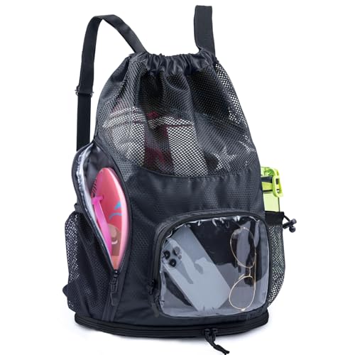 Drawstring Mesh Backpack - Beach/Pool Swim Bag with Shoe Compartment - Sandproof Wet Bag for Swimsuit - Summer Camp Essentials