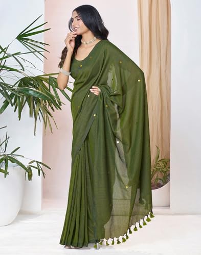 Image of SIRIL Women's Cotton Linen Sequence Saree With Unstitched Blouse Piece