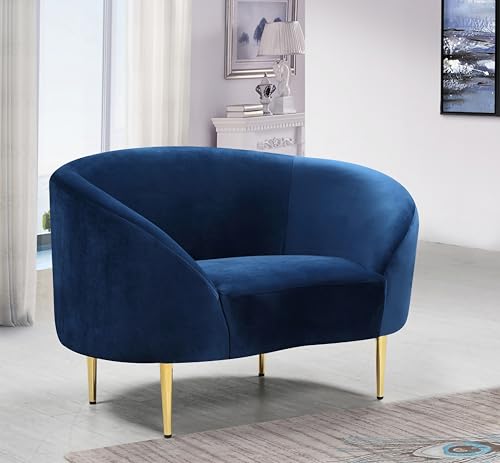 Image of Rosewood Luxury Curved Sofa in Premium Velvet-Fabric | Solid Wood Structure | High Density Foam | Sturdy Golden Legs | Comfortable & Stylish Couch for Modern Living Room (Navy Blue, 1 Seater)
