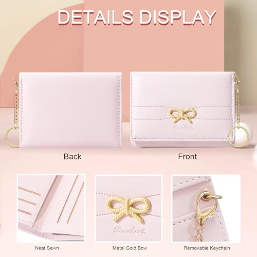 Sunwel Fashion Cute Coquette Bow Wallet with Key-chain Aesthetic Card Holder ID Window for Women Girls (PINK)4