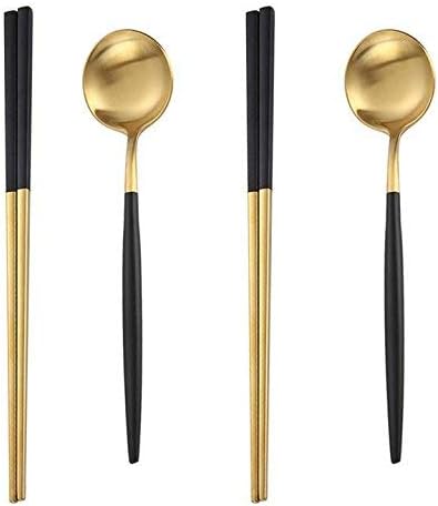 Mengbaobao 2 pares de palillos y 2 cucharas Juego de cubiertos Vajilla Acero Inoxidable - Negro Oro
