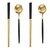 Mengbaobao 2 Pairs of Chopsticks & 2 Spoons Flatware set Dinnerware Stainless Steel - Black Gold