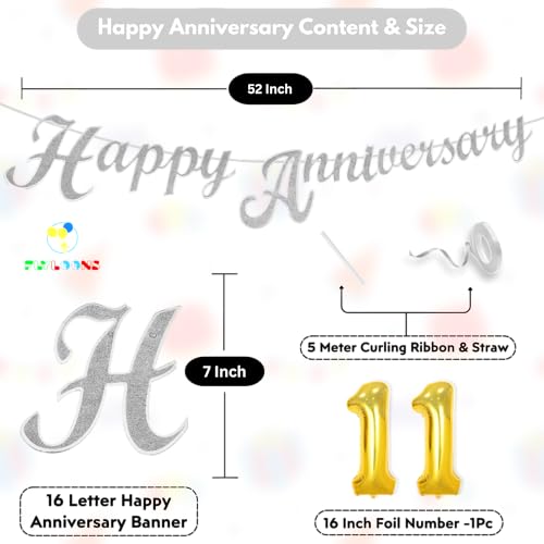 Image of Flyloons 11th Happy Anniversary Banner Silver Decorations Kit for Men Women Wedding Anniversary Banner Items without Balloons