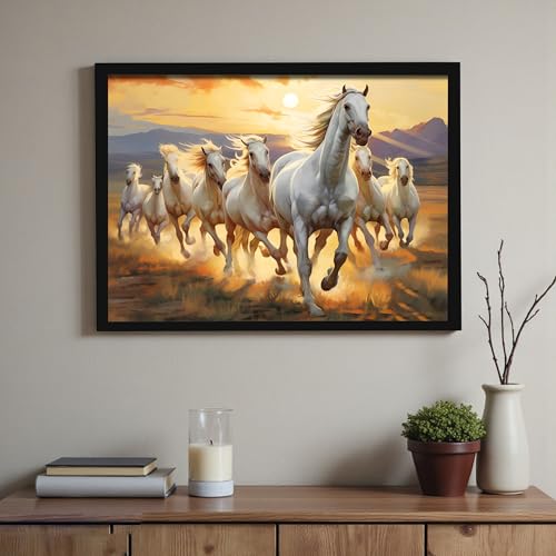 Image of 8 White Running Horses Vastu Framed Wall Art Painting for Living Room| Symbol of Success, Eight Horse Painting With Frame For Home & Office, 10x12 Inch