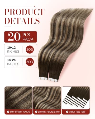 Image of Moresoo Tape Hair Extensions Caramel Balayage 24in 20Pcs 50g | Tape hair extensions real human hair, extra-long strands, dark brown base, caramel dimension, braids and evening events
