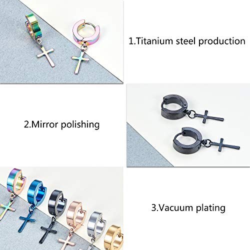 meekoo 12 Pairs Stainless Steel Cross Earrings Cross Dangle Hoop Earrings Hinged Hoop Ear Jewelry for Men and Women Wearing (Style Set 1)4