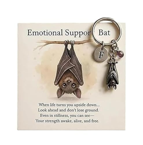 Emotional Support Bat Inspirational Keychain, Metal Bat Pendant with inspirational Poem Card, Bats Key Ring for Backpack, Purple Crystal Pendant, Upside Down Bat Shape, Suitable for Holiday Gifts (1)