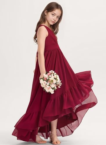 dideyttawl Long V-Neck Junior Bridesmaid Dresses for Teens Pleated Chiffon A-Line High Low Flower Girls Dress 25112