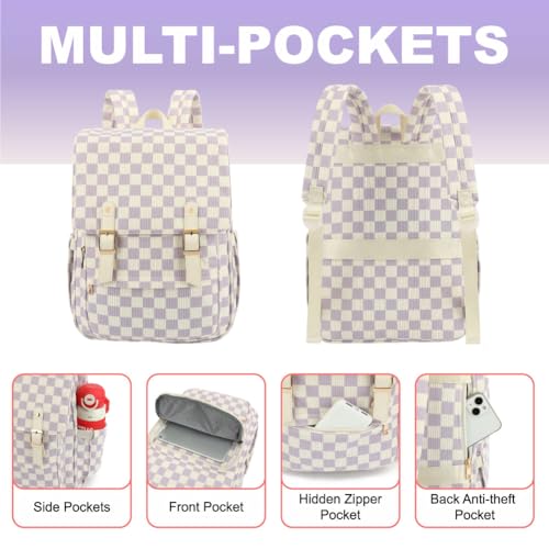 Image of Women Laptop Backpack, Corduroy 15.6 inch Travel Backpack for Work College Business, Teacher Nurse Bag with Large Capacity School Bookbag Bags for Girls - Checkered Purple
