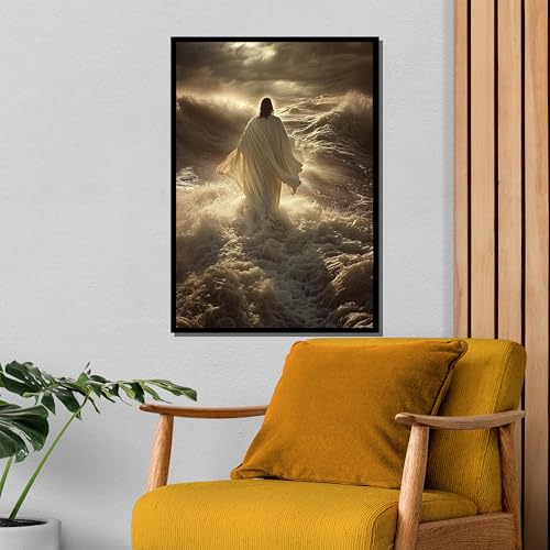 Tableau Jésus et l'eau : toile spirituelle vagues classiques pour décoration murale 50x70cm