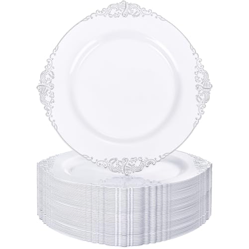 Nervure 100PCS White and Silver Plastic Plates - 10.25Inch Silver Disposable Plates - Heavyweight Dinner Plates for Wedding & Party & Holiday