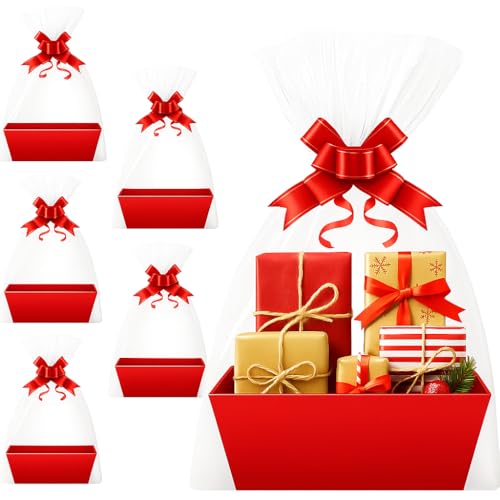 Cesta de regalo con asa, cesta vacía para regalos, cesta de regalo de papel kraft con 5 envoltorios retráctiles y lazos, para bodas, cumpleaños, Navidad, San Valentín, roja.