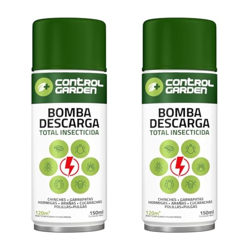 CONTROL GARDEN X2 Insecticida Descarga Total 150 ML Interior y Exterior | Repelente Anti Insectos: Chinches, Ácaros, Hormigas, Arañas | Fungicida Larvicida Ovicida Bomba de Humo para Espacios 120 m2