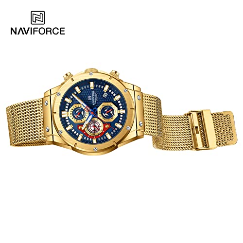 NAVIFORCE Fashion Stainless Steel Mesh Band Chronograph Quartz Watch for Men Auto Date Sport Waterproof Analog Wrist Watches (Gold)