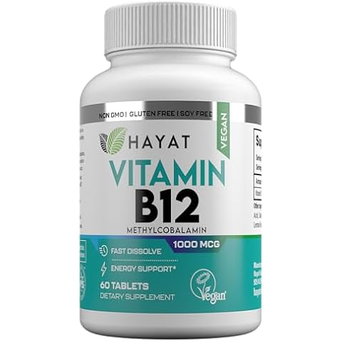HAYAT Vitamins Vegan Natural Vitamin B12 1000 MCG, Dietary Supplement for Energy Metabolism Support, 2 Month Supply, All Natural, Certified Halal, 60 Tablets, Made in The USA Cover