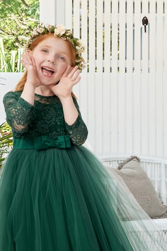 Girls Dresses Lace Flower Girl Dresses Green Quarter Sleeve Satin Bowknot Mesh Tulle Dress for Litter Girl Wedding4