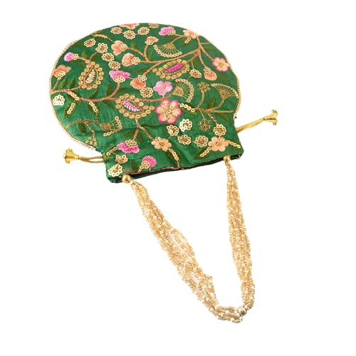 Image of Handcrafted Potli Purse with Golden Floral Embroidery and Pearl Accents