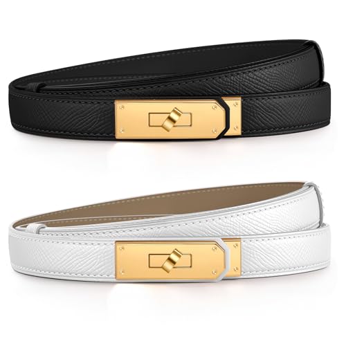 Chritice 2 Stück Schmaler Gürtel Damen Ledergürtel Damen Gürtel Schwarz und Weiß, Solide Farbe Klassisch Legierung Twist Lock Taillengürtel Gold, Geschenke für Frauen, Breite 1.8CM, Länge 53-92CM