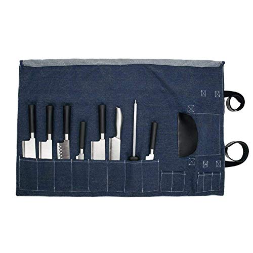 Denim Chef’s Knife Roll, Kitchen Knife Roll Up Storage Bag, Utensil Carrier Holder