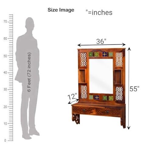 Image of Sheesham Wood Full-Length Dressing Mirror with 2 Drawers | Compact Decorative Standing & Wall Hanging Mirror for Bedroom, Hallway, Entryway | Natural Honey Finish Wooden Frame