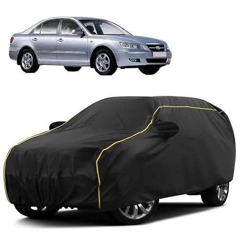 Image of Sulfar 100% Water Resistant Car Body Cover Compatible with Mirror for Hyundai Sonata Embera (Triple Stitched, Full Bottom Elastic, Black Taffeta with Yellow Piping)
