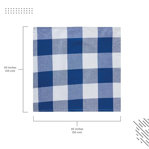 Image of Encasa XO Dining Table Napkins Set of 6, 50x50 cm | Machine Washable Reusable, Recycled Cotton Cloth Napkin, Soft & Absorbent, Table Decor for Hotels, Farmhouse - White & Buffalo Blue Checks