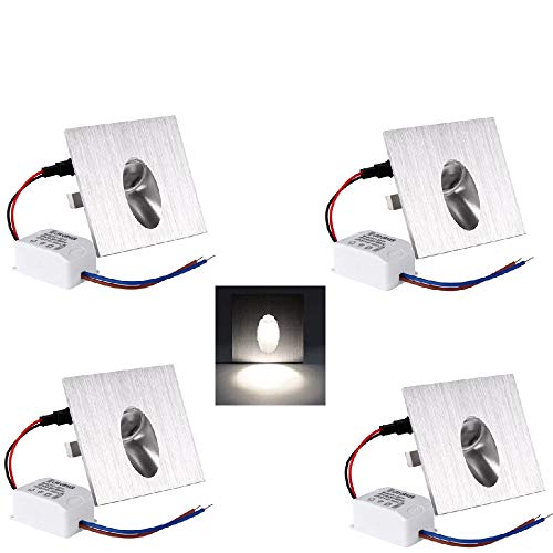 OLEEP LED Applique Encastré Lumière d'escalier Éclairage de marche, carré, 8x8cm, 230V, 1W, blanc froid, 4 PCS