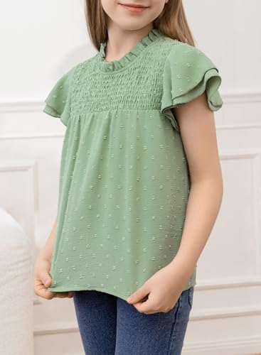 Girls Shirts Pleated Crewneck Ruffled Short Sleeve Tops Cute Swiss Dot Blouse3