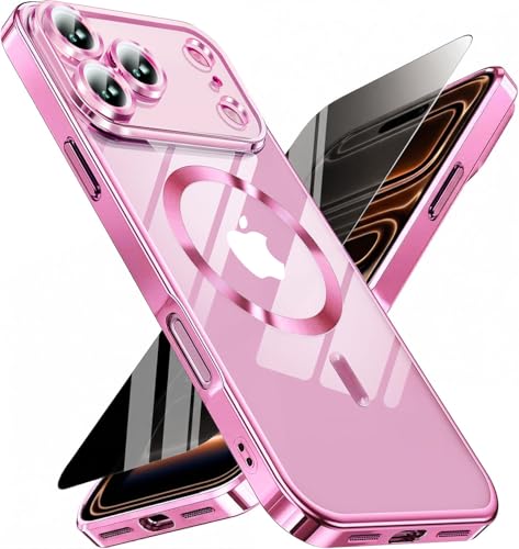 Image of Magnetic for iPhone 17 Pro Max Case with Privacy Screen Protector & Full Camera Cover,[Non-Yellowing] Shockproof Clear Phone Case Compatible with MagSafe Women Girls for iPhone 17 ProMax,Hot Pink