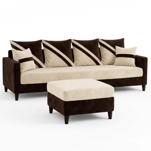 Image of SLEEPIFY Canza 4 Seater Sofa Set with Ottoman (Dark Brown - Cream) | Premium Soft Velvet | Plush Comfort Cushions | Modern Living Room Sofa | Spacious Comfortable Seating