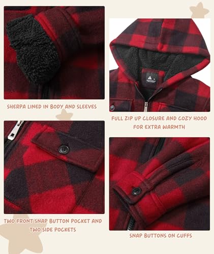 Image of V VALANCH Boys Zip-up Hoodie Fleece Lined Plaid Sweatshirt Jacket Hooded Flannel Sherpa Lined Winter Coat for Kids 6-15 Years