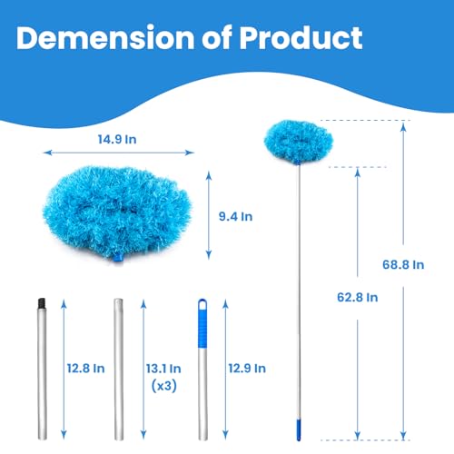 Image of Microfiber Ceiling Fan Cleaner Duster - Extendable 13-67 Inch Pole, Reusable for High Ceilings, Fans, Furniture, Blinds, Walls, Bookshelves, Doors (Blue)