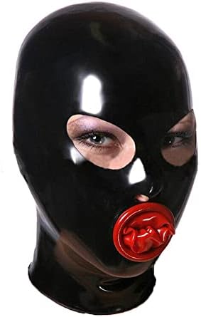 Latex Hood Mask Full Cover Catsuits Mouth with Red Condom Sheath Zipped Latex Mask, Large