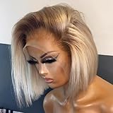 Msviki 13x4 Ombre Blonde Bob Wig with Dark Roots 613 Brazilian Remy Human Hair Double Drawn Preplucked 200% Density Short Straight Wig UHD Transparent Lace Frontal for Women Summer Party 10'