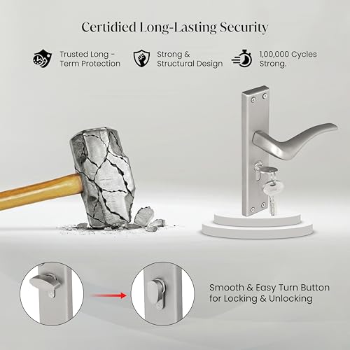 Image of LAPO Mortise Door Lock for Home Main Door & Bedroom with Handle | 3 Brass Keys | Heavy-Duty 60mm Cylinder | 45x45mm Body | Left-Right Fit 30-50mm Door Home Office Hotel | Matt Finish | CY-101