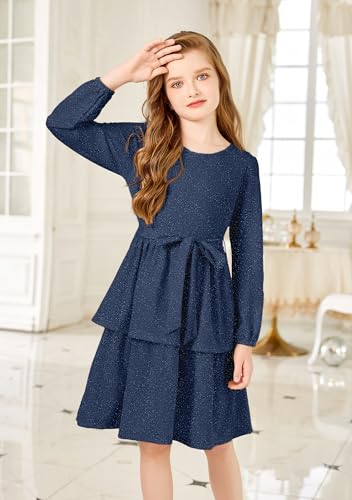 Arshiner Girls Dress Fall Sparkly Glitter Puff Sleeves Layer Party Dresses with Belt2