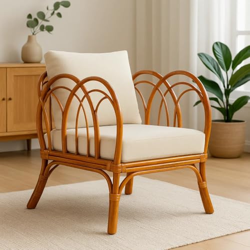 Image of Single Seater Accent Chair for Living Room | Wooden Armchair with Cushion for Bedroom, Hall, Balcony | Comfortable Lounge Chair for Home Furniture | Modern Sofa Chair for Indoor Use