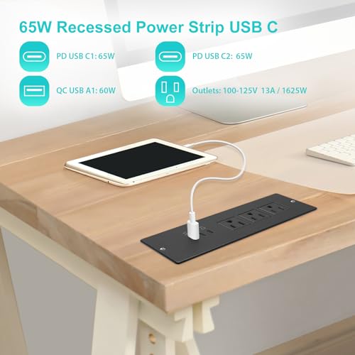 65W USB C Recessed Power Strip, Fast Charge Flush Mount Desk Outlet 3 AC Outlets 3 USB Ports 6.56ft Heavy Duty Power Cord Flat Plug Built in Desktop Charging Station for Furniture Black