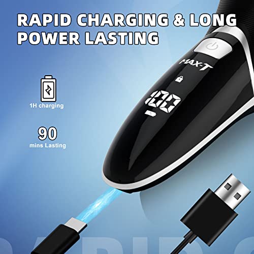 Electric-Shaver-Razor-for-Men-MAX-T-Quick-Rechargeable-Wet-Dry-Rotary-Shaver-with-Pop-Up-Trimmer-and-LED-Display-IPX7-100-Waterproof-8101-with-USB-Cable