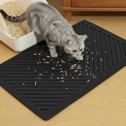 Conlun Tappetino Lettiera Gatto 60x38cm, Impermeabile, Resistente all'Uro, Lavabile, Antiscivolo Tappeto per Lettiera Gatto in Gomma, Nero