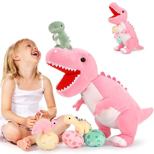Image of MorisMos Dinosaur Stuffed Animal with Babies,23.6'' Big Mommy Stuffed Dino T-rex with 3 Baby Dino Stuffed Toys & 3 Eggs Plush Inside Belly, Boy Girl Dinosaur Toys for Kids 3-5, Pink T-rex Toys Gift