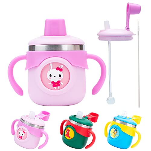 Sippy Cups for Toddlers Amazlife Stainless Steel Sippy Cup With Straw Handles Baby Water Bottles with Weighted Gravity Ball kids Straws Tumblers Cup Portable 9 Ounce Dinosaur